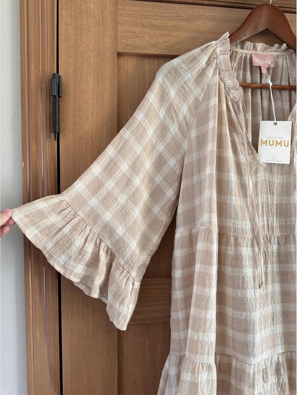 NWT Show Me Your MuMu Viola Plaid Bell Sleeve Mini Dress Beige/ Cream Women’s XS - Picture 2 of 15